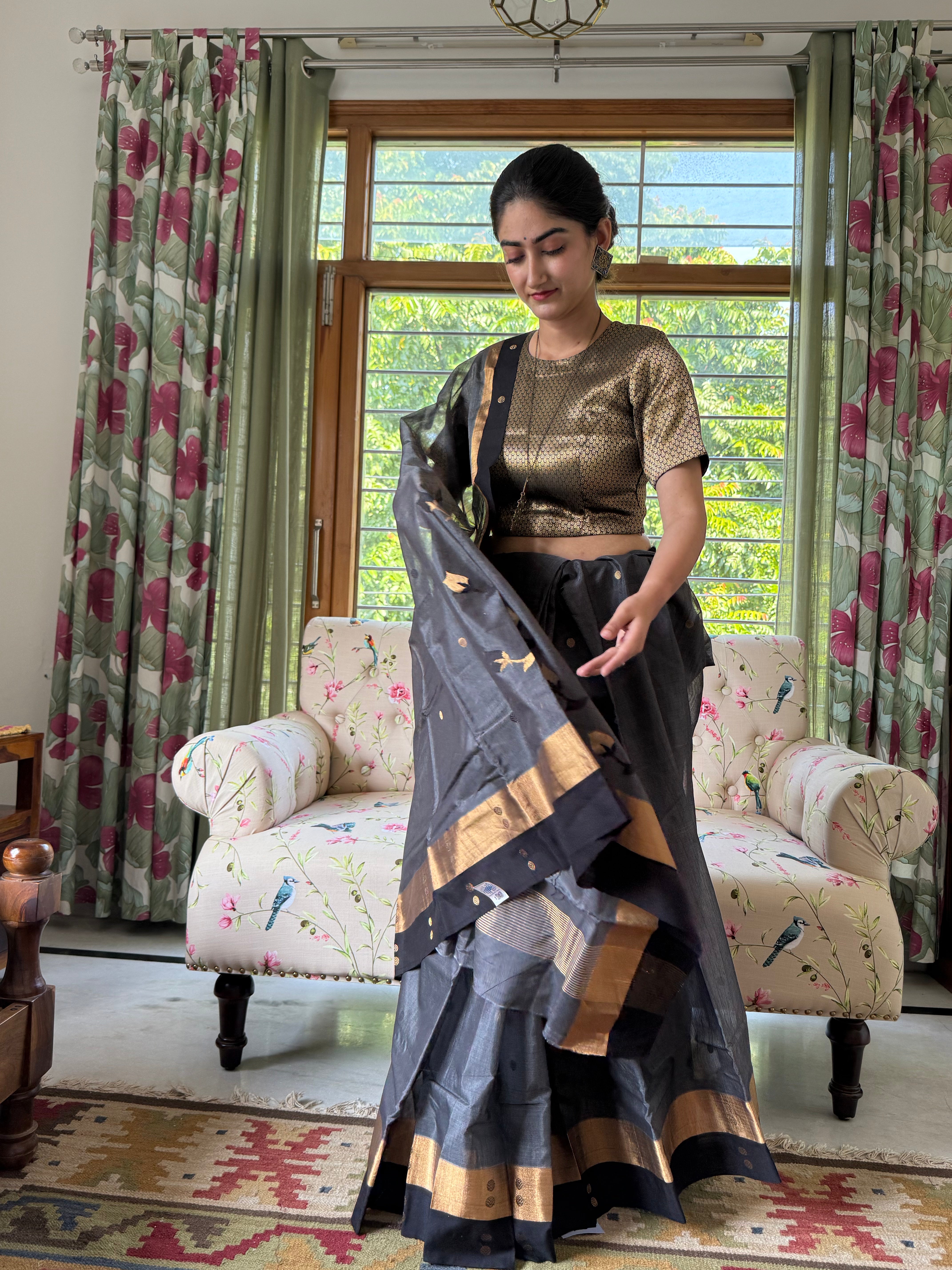 Grey Pure Silk Chanderi Saree with Golden Zari Border and Handwoven Buti