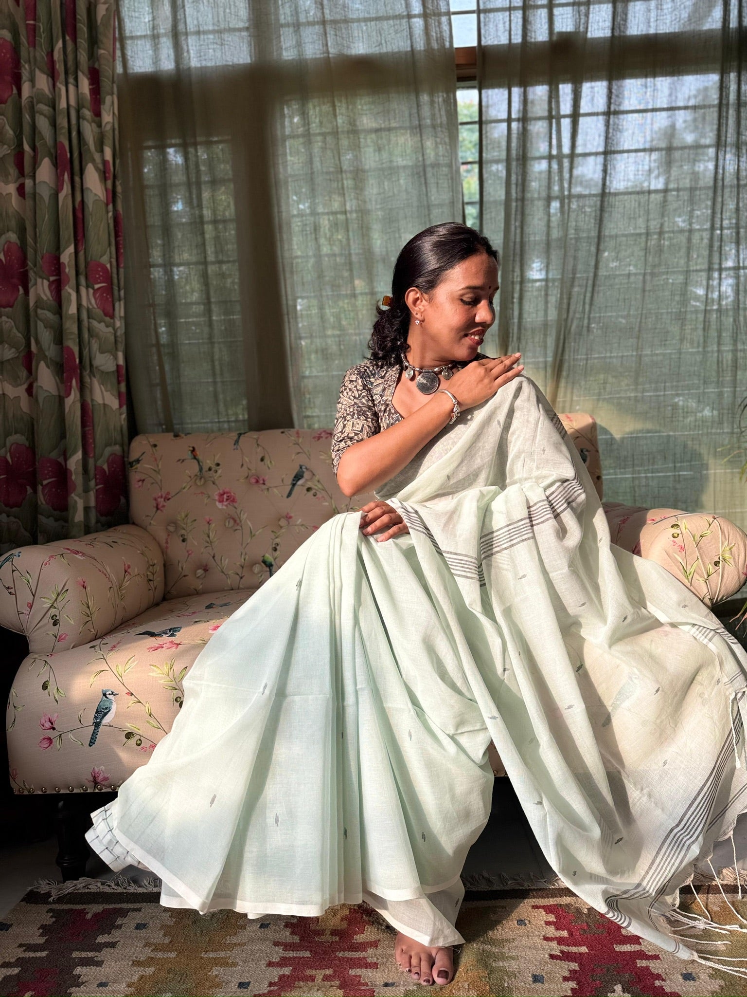 Mint Whisper With Silver Lines Pure Cotton Jamdani Saree
